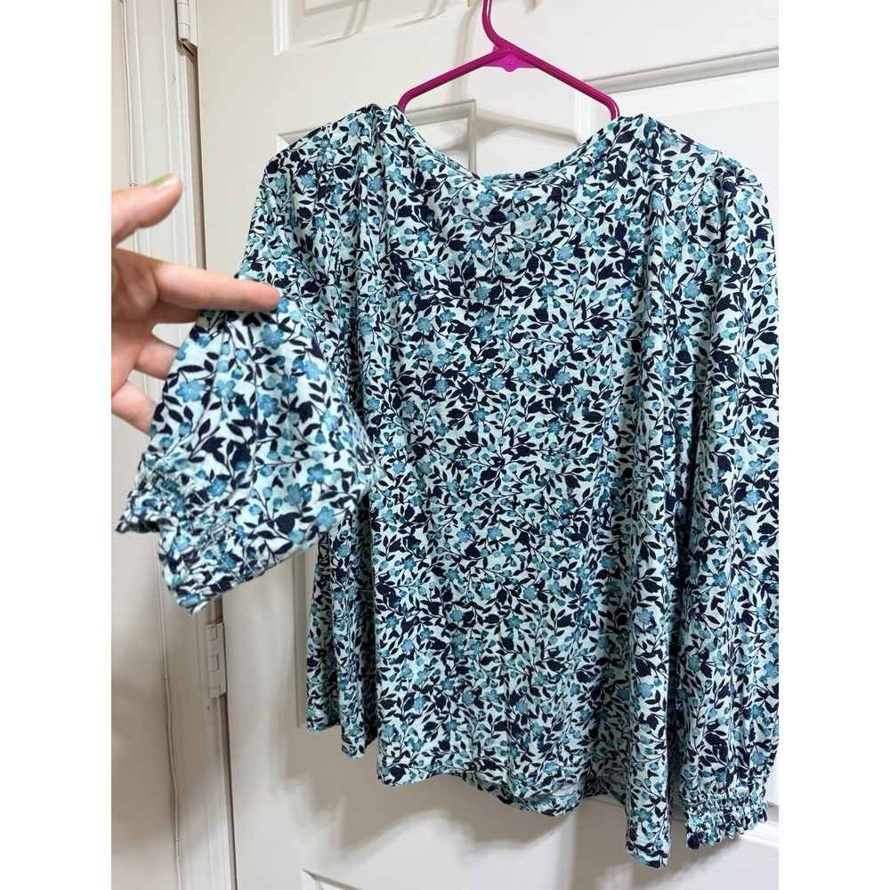 J Jill XL Floral Smocked Yoke Top Blue Aqua 3/4 Sleeve Cotton Modal Blouse